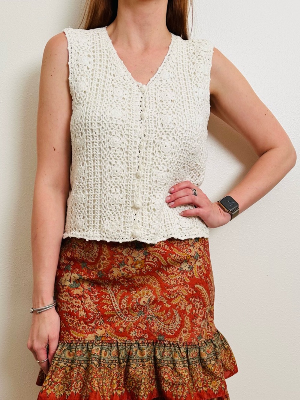Vintage Knitted by Hand Shenanigans Crochet Vest Off-White Cotton Boho Cottage